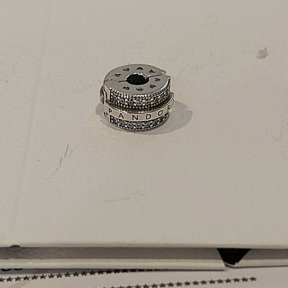 Pair of Auth PANDORA Sterling Silver Sparkling Pavé Lines & Logo Clip 799042C01 - Picture 4 of 12